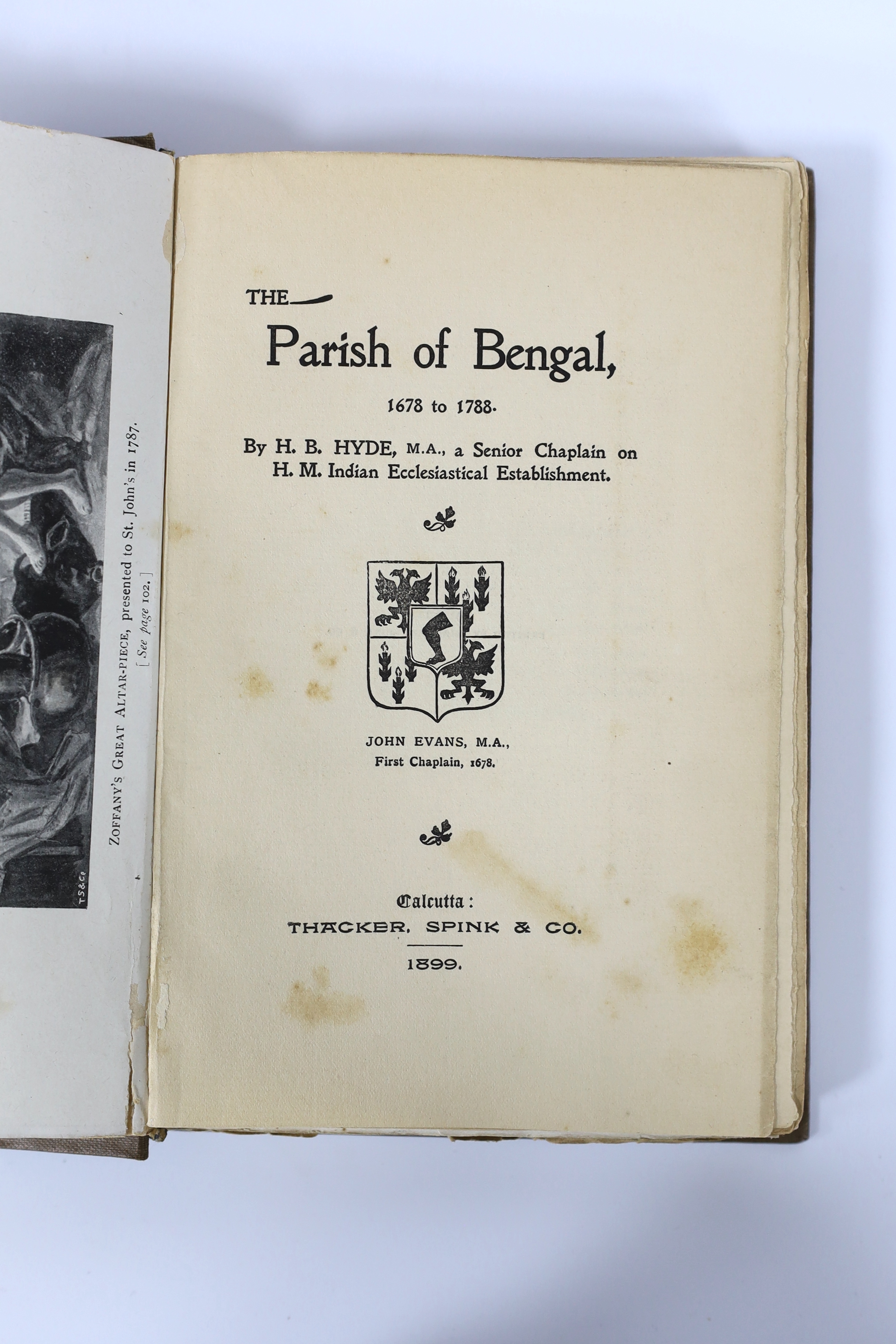 Hyde, Rev. H.B. - The Parish of Bengal, 1678 to 1788. title vignette, folded pictorial map, 23 plates (incl. facsimiles) and text illus.; binder's gilt lettered cloth, cr.8vo. Calcutta, 1899